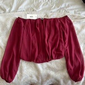Burgundy Cropped V-cutout Off Shoulder Blouse